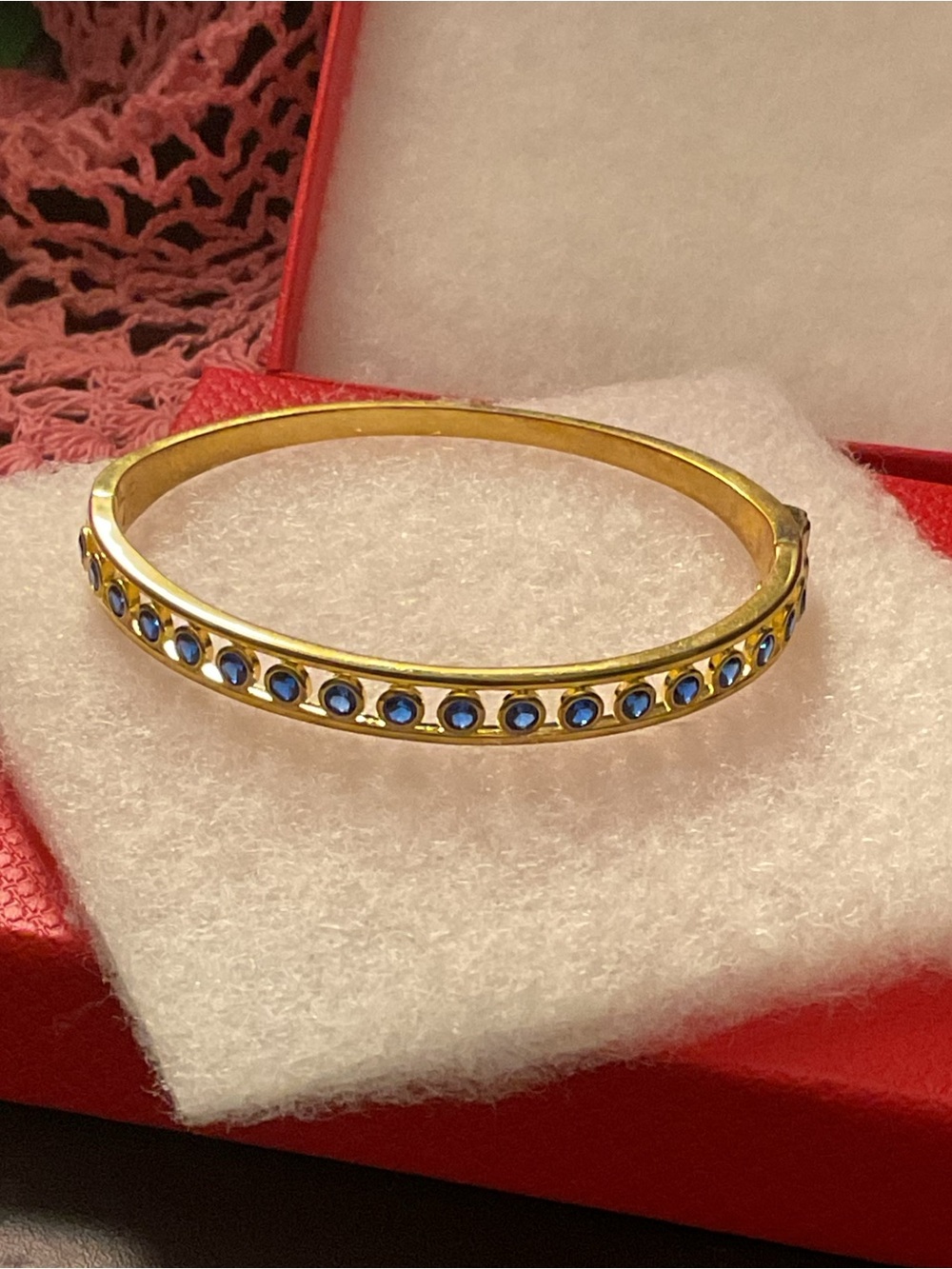 Gold Bangle Bracelet with Blue Stones